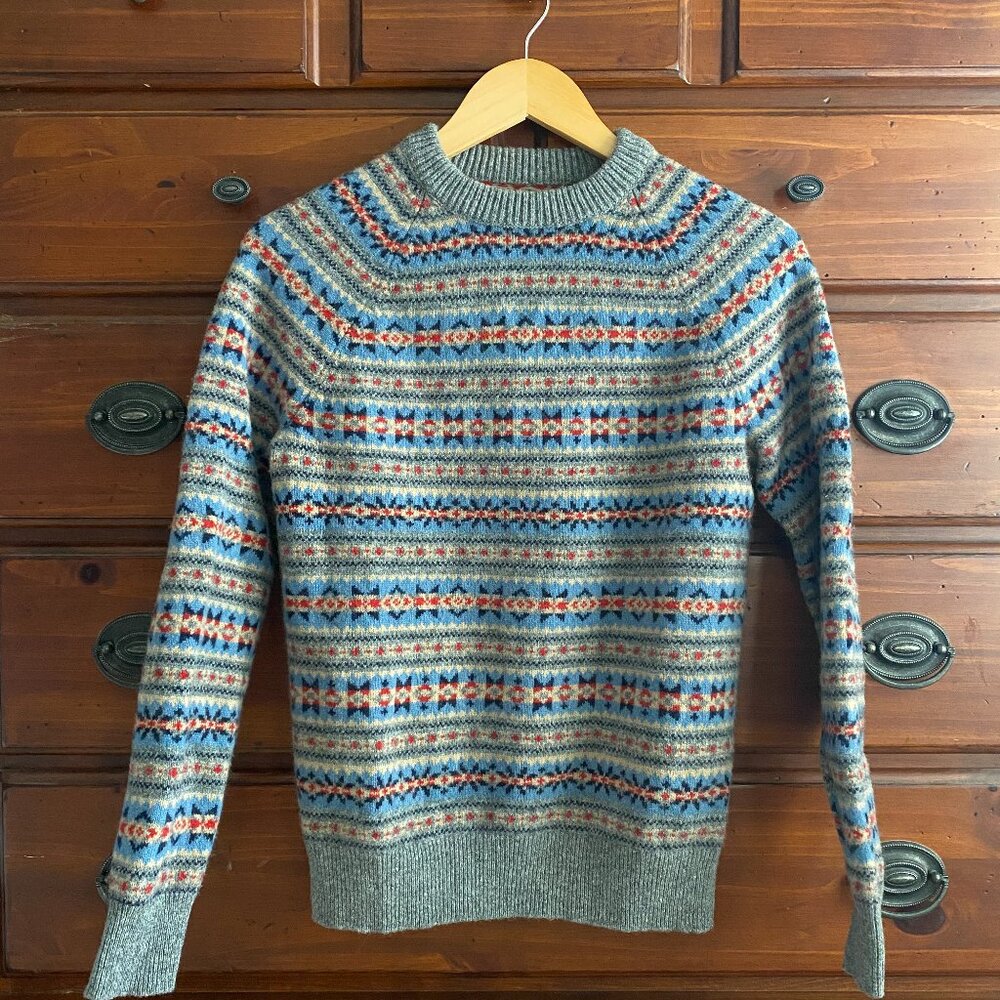 J Crew Sweater Crew Neck Pullover Nordic Fair Isle Knit Gray Printed Lambswool
